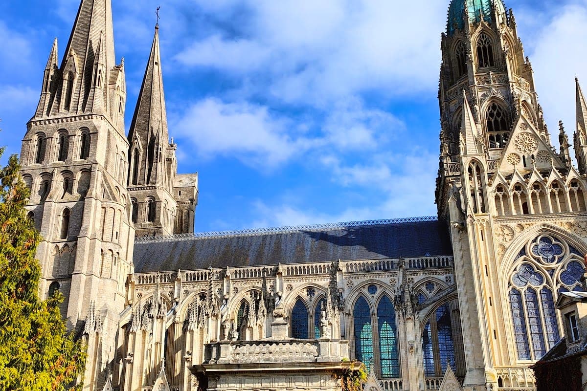 Bayeux — old town, cathedral exterior, river Aure